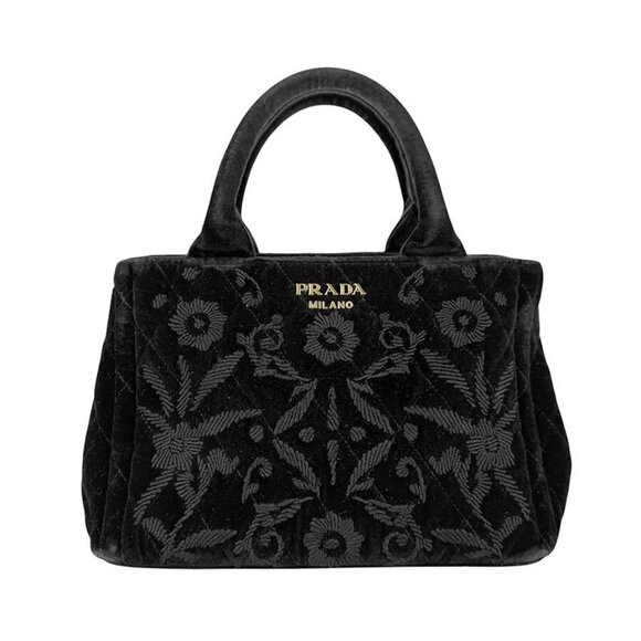 Auth PRADA Handbag Shoulder Bag Black Velvet/Goldtone - z4228 - Picture 1 of 16